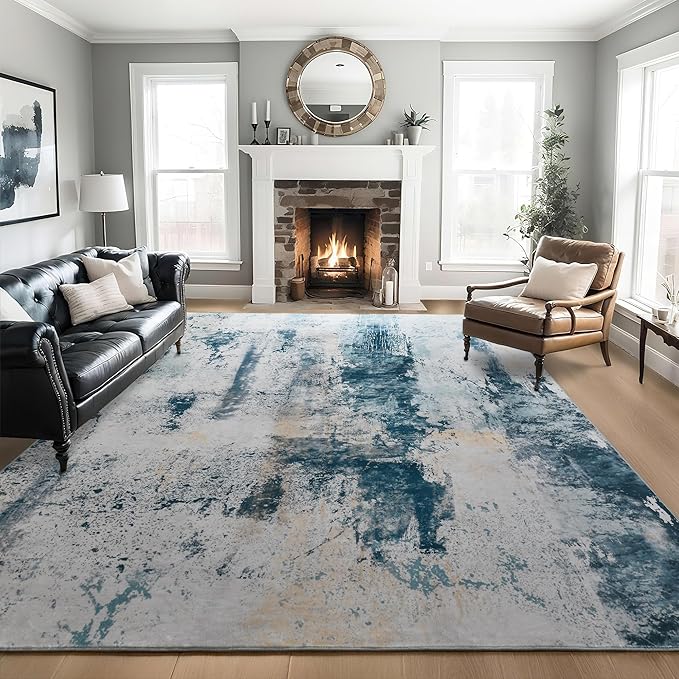 Living Room Rug 7x10 Aqua Blue Area Rugs Machine Washable Abstract Boho Large Rug Non-Slip Non-Shedding Faux Wool Indoor Vintage Carpet for Bedroom, Classroom, Dining Room, Kids Playroom