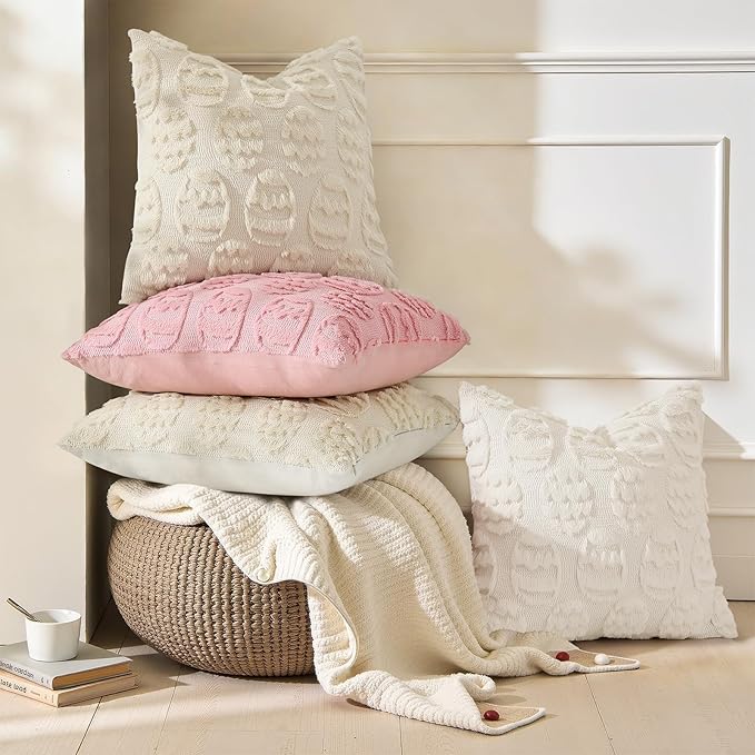 decorUhome Easter Beige Egg Pillow Covers 20x20 Inch Set of 2, Soft Plush Faux Wool Jacquard Cushion Covers, Farmhouse Neutral Fuzzy Spring Easter Holiday Decor for Couch Sofa Bed