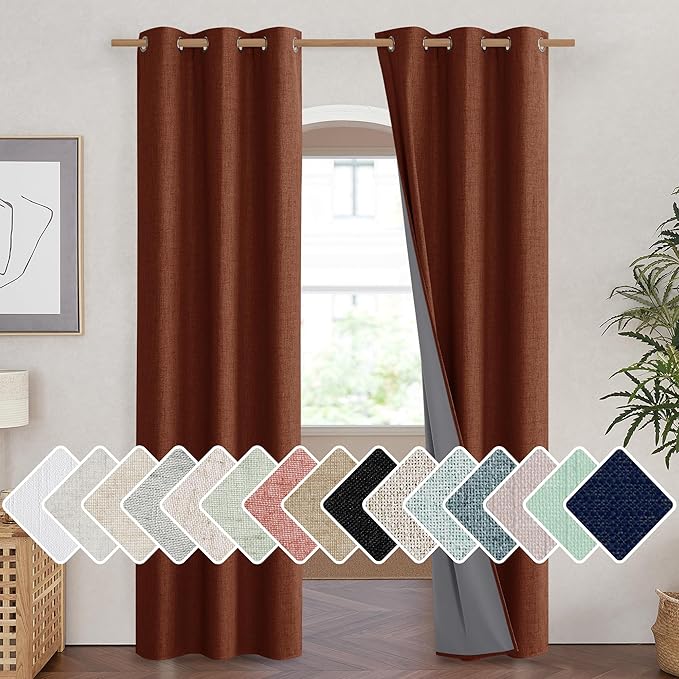 NICETOWN 100% Absolutely Blackout Linen Curtains with Thermal Insulated Liner, 42" Wide, 2 Panels, 84" Long Drapes, Grommet Retro Burnt Orange Linen Curtains Vertical Drapes Privacy for Bedroom
