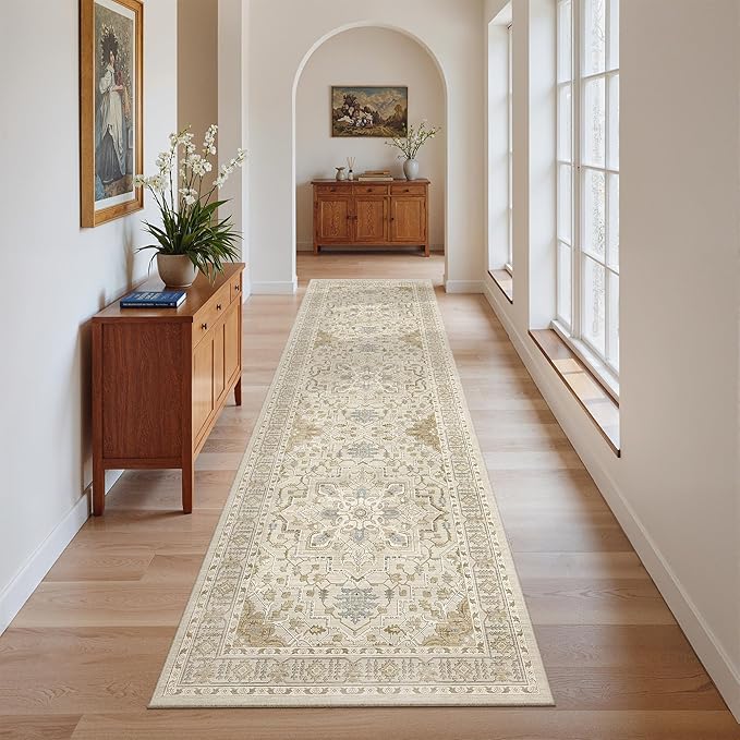 Madane Kitchen Runner Rug - 2x7 Runner Rugs with Rubber Backing Non Slip Vintage Washable Rug Runner Ultra-Thin Throw Carpet Runners for Hallways Bedroom Laundry Room (2'x7', Beige/Blue)