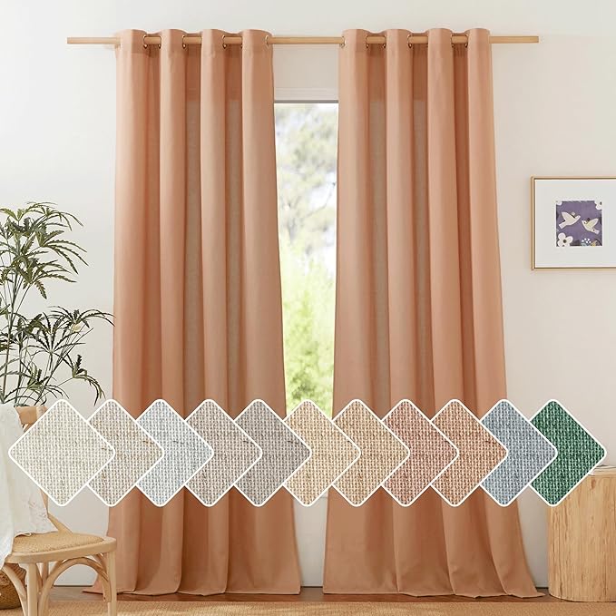 NICETOWN Flax Linen Curtains 108 inches Long for Large Windows, Ring Top Privacy with Light Filtering Linen Blend Drapes for Bedroom/Living Room, Burnt Orange, W55 x L108, Set of 2