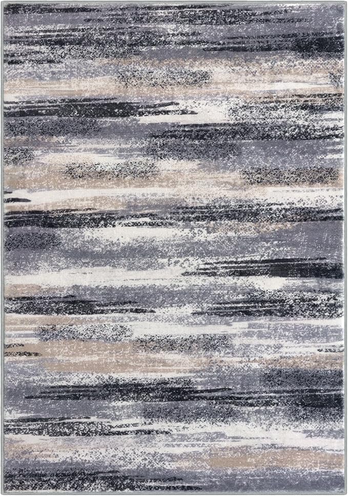 Lansny Modern Abstract 4x6 Living Room Washable Rug Non-Slip Soft Bedroom Area Rug Grey Black Multi Thin Print Faux Wool Floor Carpet Throw Rugs for Nursery Playroom Dining Room Indoor Home Decor