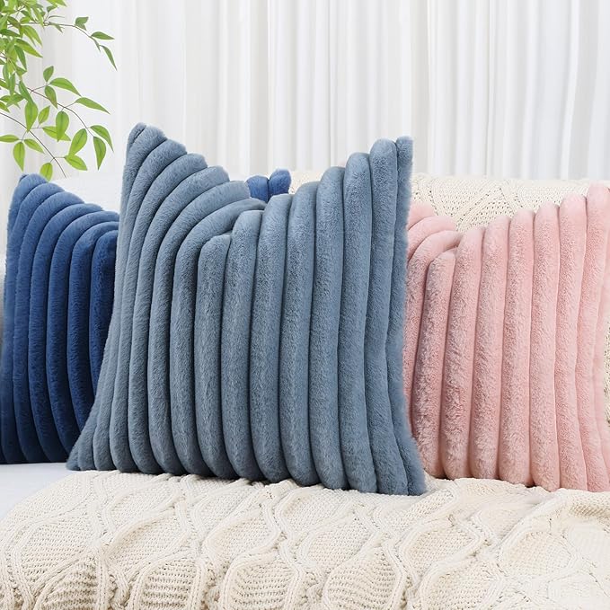decorUhome Cozy Faux Fur Throw Pillow Covers 22x22 Set of 2 Decorative Soft Plush Striped Modern Farmhouse Boho Couch Euro Sham Pillow Cases with Velvet Back for Sofa Bed Living Room, Grey Blue