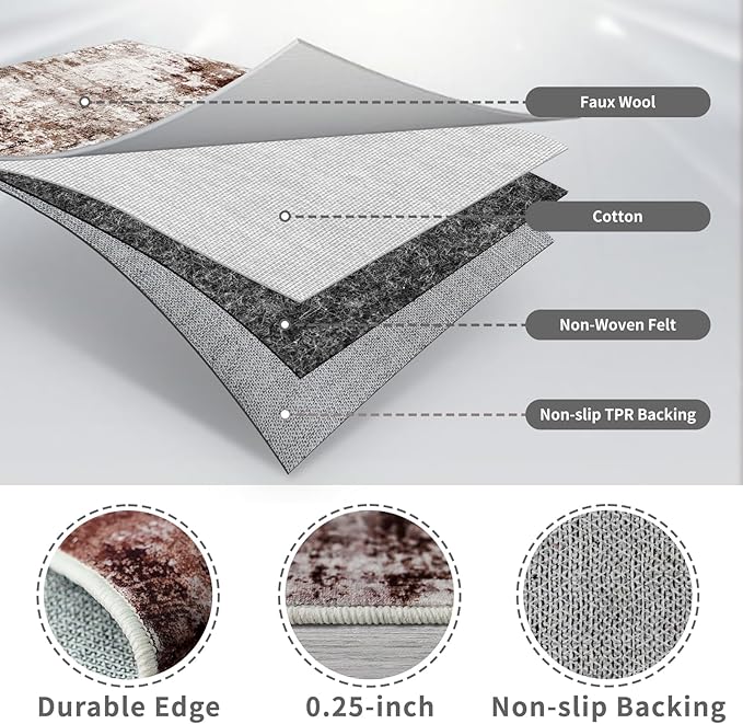 3x16 Washable Runner Rug for Hallway: Extra Long Runners for Entryway Living Room Dining Room - Stain and Water Resistant Rugs with Non-Slip Backing - Soft Low-Pile Carpet Brown Khaki White