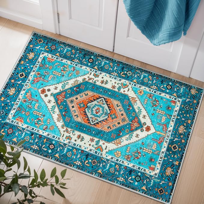 SERISSA Boho Rugs for Entryway, 2x3 Blue Entryway Rug Non-Slip Washable Small Area Rug, Ultra Soft Oriental Vintage Low-Pile Indoor Door Mat Floor Carpet for Entrance Bedroom Kitchen Bathroom