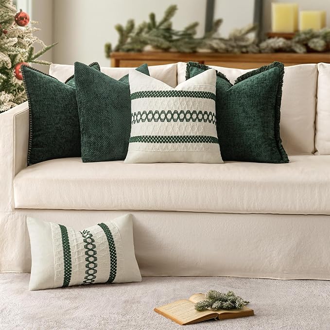 MIULEE Pack of 2 Christmas Pillow Covers 18x18 Inch Dark Green Farmhouse Decorative Throw Pillow Covers with Stitched Edge Soft Chenille Solid Dyed Couch Pillow Covers for Sofa Bed Living Room