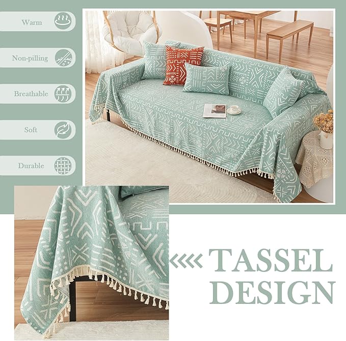HANDONTIME Farmhouse Sofa Covers - Light Green Aztec Couch Covers for 3 Cushion Sectional Couch, 71" X 118