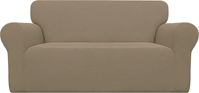 Easy-Going Stretch Loveseat Slipcover 1-Piece Sofa Cover Furniture Protector Couch Soft with Elastic Bottom for Kids Polyester Spandex Jacquard Fabric Small Checks (Loveseat, Tan)