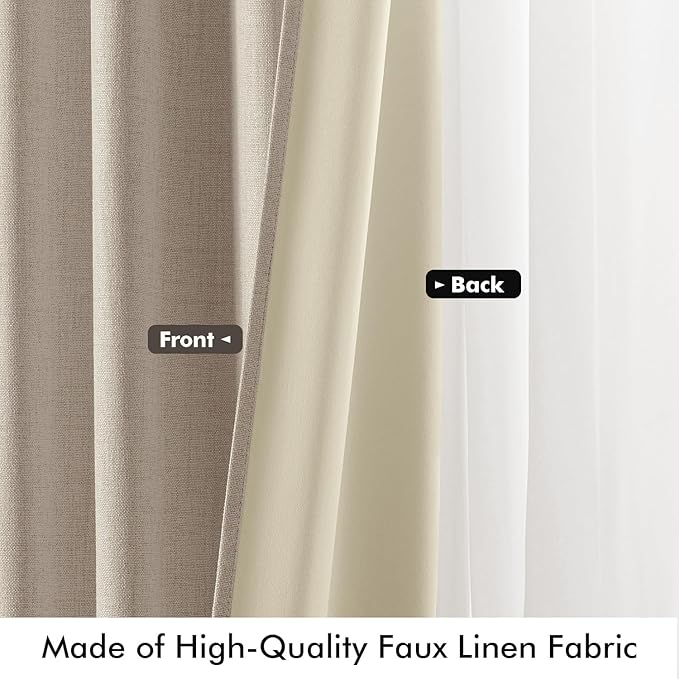 MIULEE 100% Blackout Linen Curtains for Bedroom, Taupe Solid Luxury Decor Thermal Insulation Room Darkening Drapes for Living Room Nursery Back Tab Rod Pocket 42 x 96 Inches, 2 Panels
