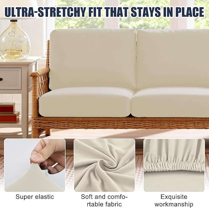 Patio Stretch Cushion Covers, Chair Cushion Covers& Sofa Replacement Slipcovers for Patio Furniture Cushion Covers, Washable Reusable Furniture Protector (4, Beige)