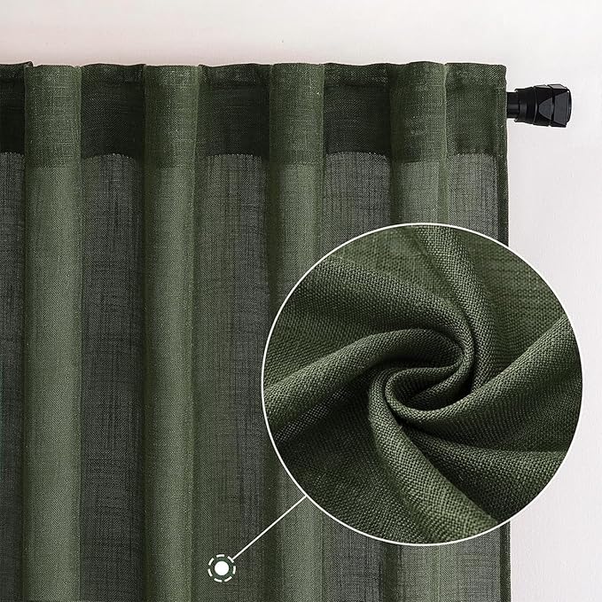 MIULEE Olive Green Linen Curtains 90 Inch Long for Bedroom Living Room, Soft Thick Linen Textured Window Drapes Semi Sheer Light Filtering Rod Pocket Back Tab Christmas Burlap Look, 2 Panels