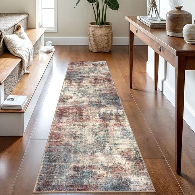 IOHOUZE Abstract Runner Rug 2x8 Ft Washable Runners for Hallways, Non Slip Kitchen Runner Printed Faux Wool Entryway Runner Indoor, Modern Abstract Floor Carpet for Hall Kitchen Bedroom, Red/Multi