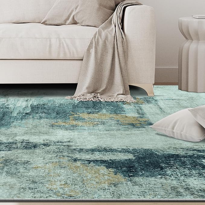 9x12 Area Rugs for Living Room Rug Washable: Abstract Large Rug for Dining Room Bedroom Carpet Non Slip 9 by 12 Indoor Modern Nursery Home Office Teal Grey Gold