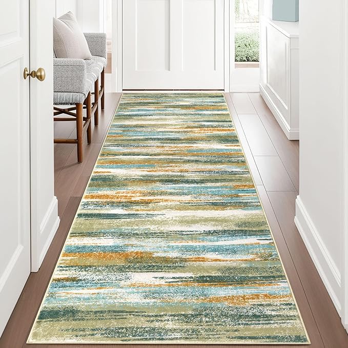 Lansny Modern Abstract Runner Rug 3x8, Green Mustard Multi Washable Kitchen Runner Non-Slip Soft Hallway Rug Runner Thin Print Faux Wool Carpet for Entryway Bedroom Laundry Room Indoor Home Office