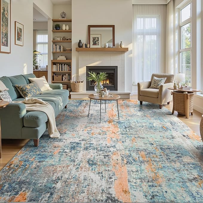 Ompaa Living Room Rug 6x9 Blue Area Rug Machine Washable Boho Rug Non Slip Abstract Vintage Indoor Large Rugs for Bedroom, Classroom, College Dorm, Farmhouse, Dining Room, Kids Playroom