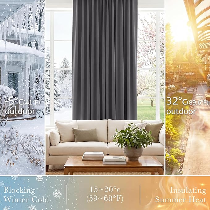PONY DANCE Curtains 45 inch Length - Double Panels Back Tab & Rod Pocket Thermal Insulated Short Blackout Drapes for Kitchen Bedroom, 52" x 45" Per Panel, Dark Grey, 2 Pieces