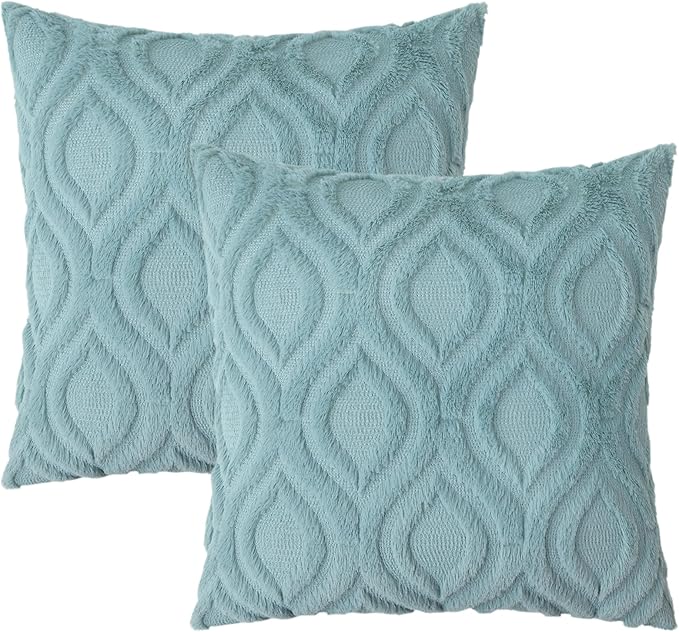 decorUhome Summer Throw Pillow Covers 22x22 Inch Set of 2, Soft Plush Faux Wool Aqua Solid Couch Pillow Covers, Accent Euro Sham Farmhouse Neutral Square Pillow Cases for Sofa Bed Living Room