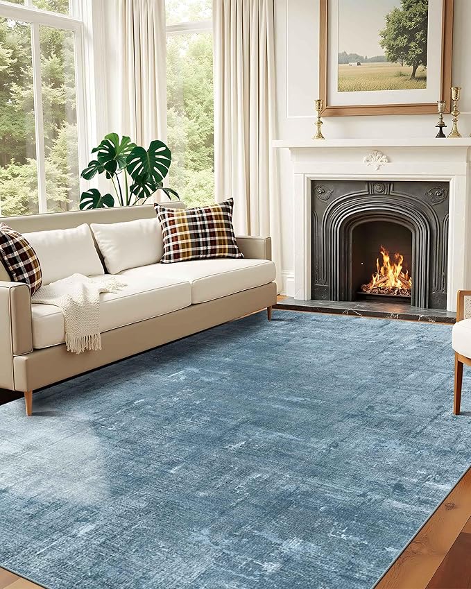 Latte&Fog 9x12 Area Rug for Living Room, Extra Large Blue Modern Abstract Washable Rugs, Boho Non Slip Low Pile Carpet for Indoor Bedroom Dining Room, Office, Dorm, Classroom and Farmhouse - Blue