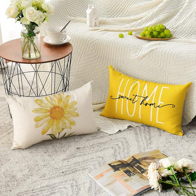 AVOIN colorlife Home Sweet Home Spring Summer Flowers Yellow Throw Pillow Covers, 12 x 20 Inch Cushion Case for Sofa Couch Set of 4