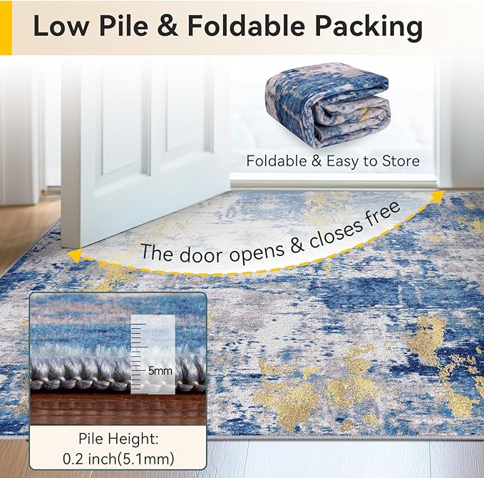 Washable Area Rugs 2'x4' Non-Slip Modern Abstract Soft for Living Room Entryway Bedroom Nursery, Print Pattern, Grey Blue Gold/Golden