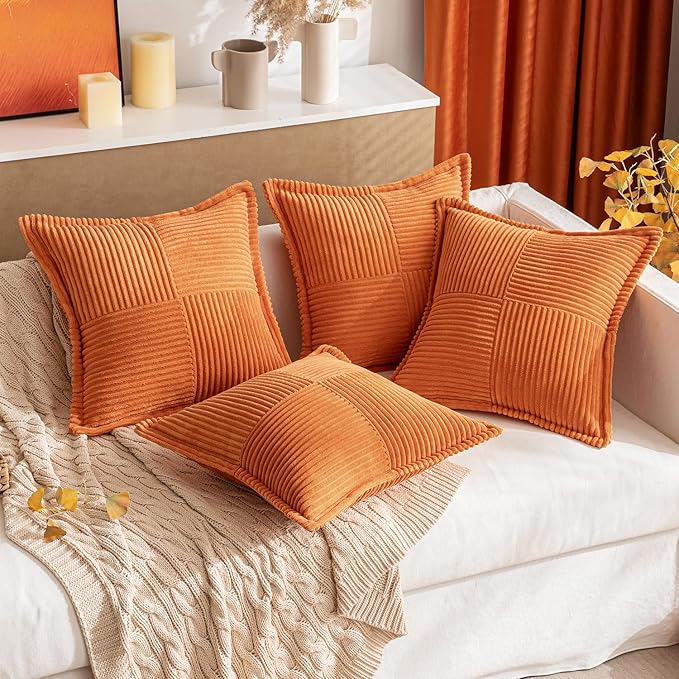 MIULEE Orange Decorative Lumbar Throw Pillow Covers for Couch Bed Livingroom 12x20 Inch Set of 2 Boho Accent Throw Pllows Broadside Striped Patchwork Soft Corduroy Pillowcases