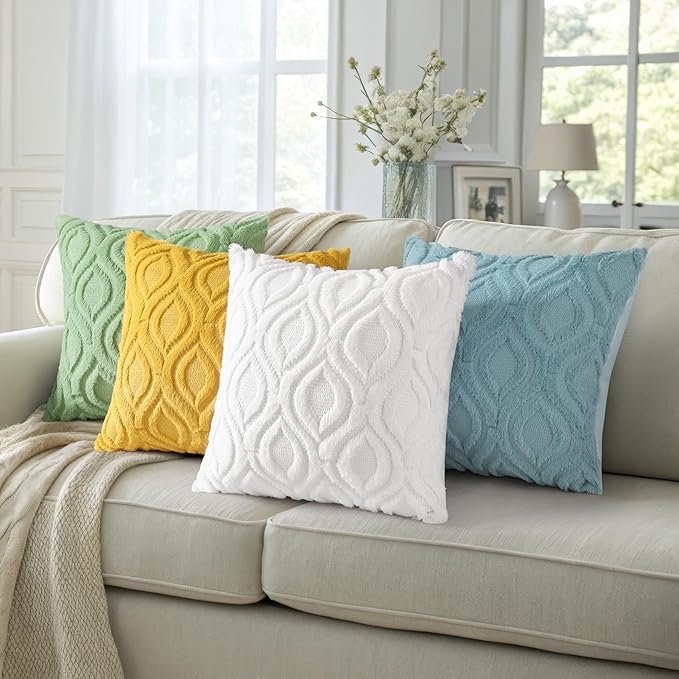 decorUhome Throw Pillow Covers 18x18 Inch Set of 2, Soft Plush Faux Wool White Solid Couch Pillow Covers, Accent Farmhouse Neutral Square Pillow Cases for Sofa Bed Living Room