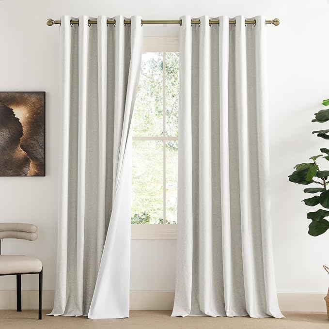 NICETOWN Extra Long Linen 100% Blackout Curtains 102 inches Length 2 Panels Set with Thermal Insulated Liners, Ivory, 62" Width, Farmhouse Style Window Draperies for Patio Sliding Glass Door
