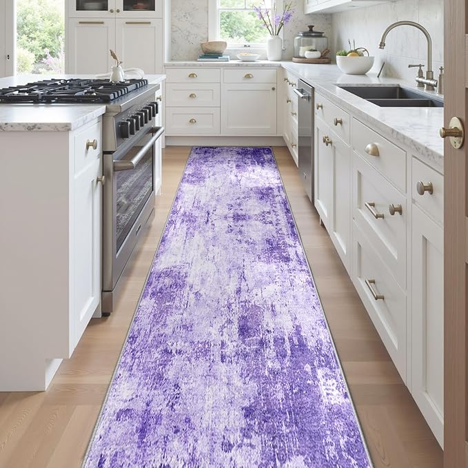 Washable Area Rugs 2'x8' Non-Slip Modern Abstract Soft for Living Room Entryway Bedroom Nursery, Print Pattern, Purple Gray Pink White