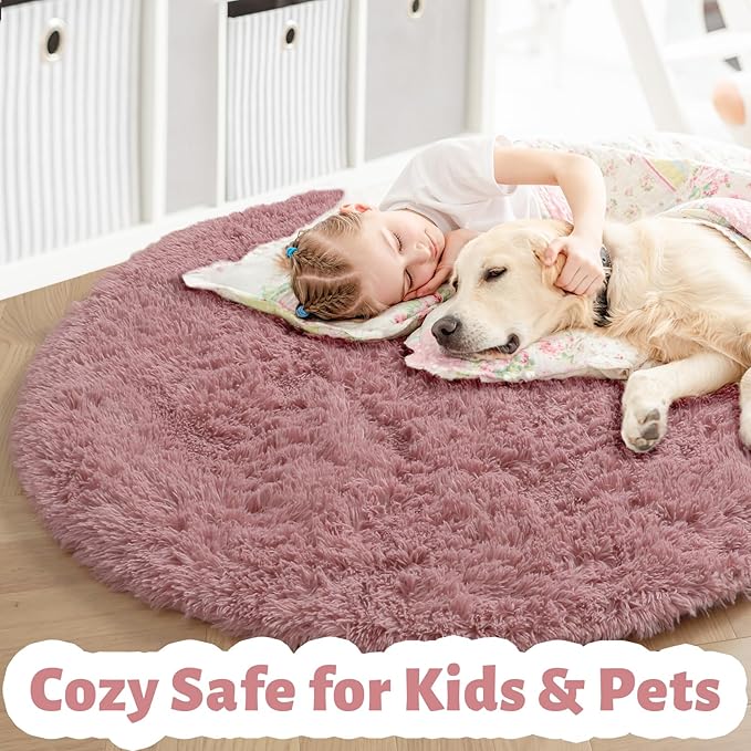 Blush Round Rug 6Ft for Bedroom, Fluffy Fuzzy Plush Circle Area Rugs for Baby Kids Room Decor Aesthetic, Shaggy Circular Carpet for Teen Girls Nursery Dorm Playroom, Cute Large Dusty Rose Mauve Rug