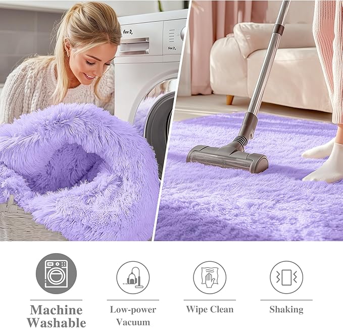 OLANLY Light Purple Round Rugs for Bedroom - Machine Washable, 9 ft Circle Area Rugs for Living Room, Soft and Fluffy Shaggy Carpet for Teen Girls and Boys, Nursery Rooms, Dorms, Home Decor Aesthetic