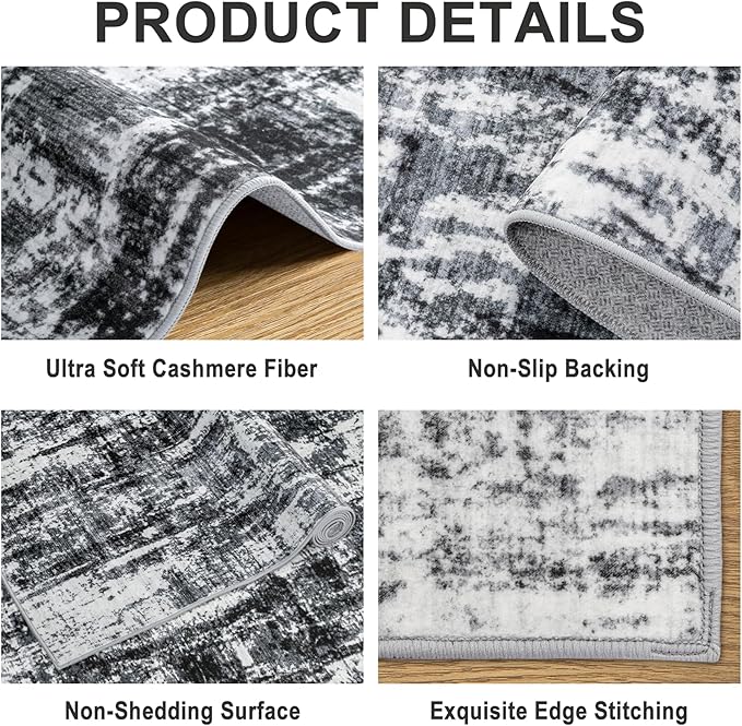 Area Rugs 10x14 Living Room - Washable Rug Modern Abstract Soft Large Neutral Non-Slip Carpet Indoor Floor Thin Carpets for Bedroom Dining Room Farmhouse Nursery Home Office Black