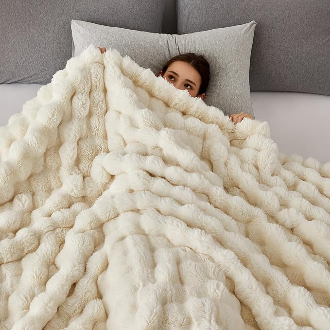 COOVA Faux Fur Throw Blanket for Couch, Cozy Soft and Fuzzy Plush Rabbit Fur Bubble Blanket for Sofa Bedroom Living Room, 60x80 Inches Ivory White