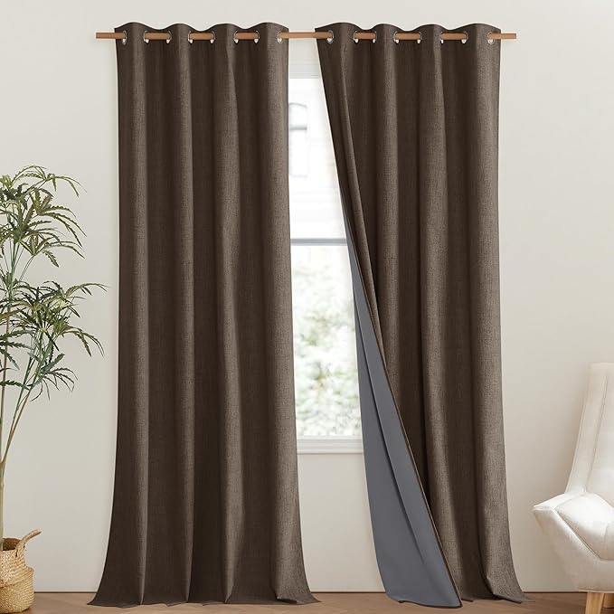 NICETOWN Coffee Vintage Linen 100% Blackout Curtains for Living Room, Thermal Insulated Curtains 102" Long, Noise Reducing Window Treatment Drapes for Hall Room, 52" Wide Per Panel, Set of 2