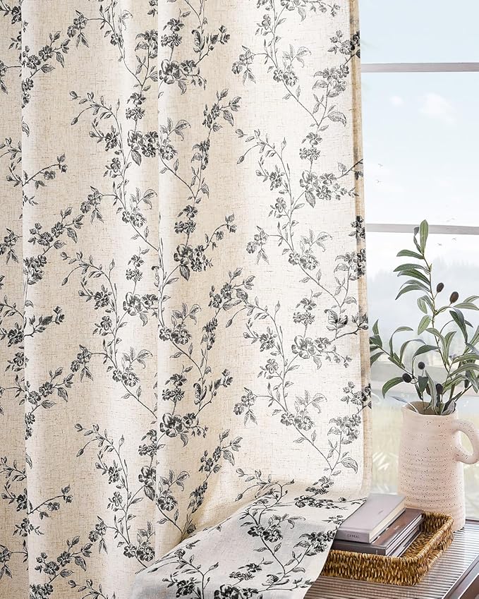 Lazzzy Farmhouse Linen Curtains Extra Long Black Floral Curtains 108 Inch Length Back Tab Drapes for Living Room Bedroom Light Filtering Country Vintage Rod Pocket, 2 Panels, Black on Beige
