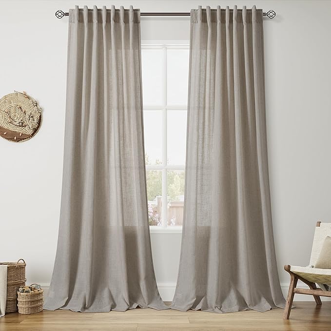 Nanspring 108 Inch Long Curtains for Living Room Grey Beige Linen Simple Modern Light Filtering Semi Sheer Curtain Back Tab Boho Neutral Gray Floor to Ceiling High Window for Bedroom 52x108,2 Panels