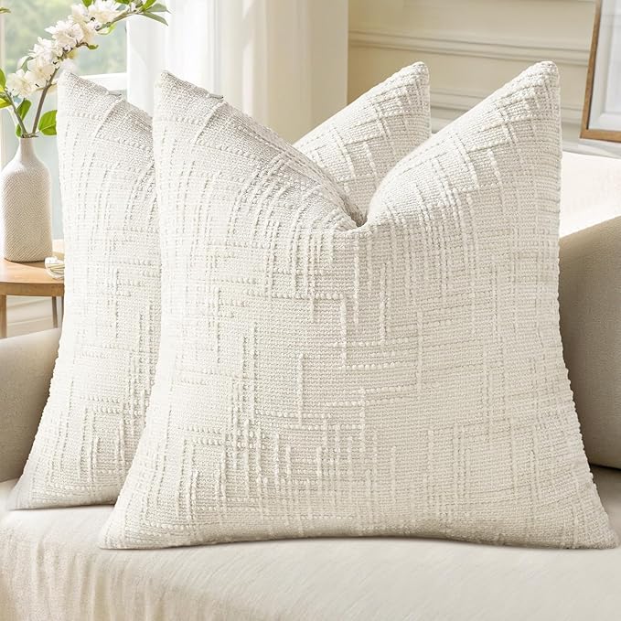 decorUhome Summer Cream White Chenille Throw Pillow Covers 16x16 Set of 2 Textured Soft Cozy Slubby Couch Pillow Covers Modern Farmhouse Boho Decorative Pillow Cases for Bed Sofa Living Room