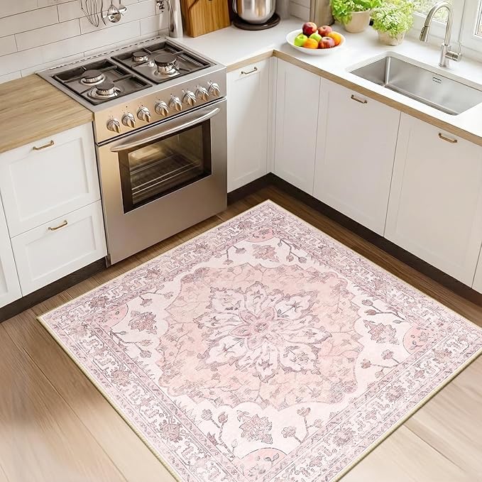 RELEANY Area Rugs Square 4ft Washable Non-Slip, Floral Vintage Distress Print Pattern Medallion Carpet for Living Room Bedroom Dining Room, Pink Greypink Cute