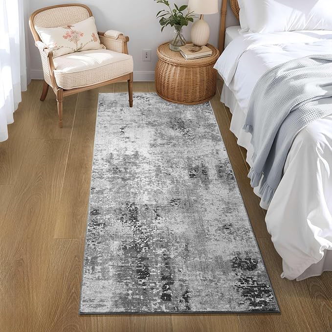 Ompaa 2x6 Rug Runners for Hallways Kitchen Runner Rug Non Slip Washable Grey Long Runner Rugs with Rubber Backing Soft Abstract Carpet Runner for Hallways, Kitchen, Bedroom, Bathroom, Entryway
