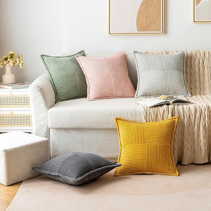 MIULEE Decorative Throw Pillow Covers for Couch Bed Livingroom 18x18 Inch Set of 2 Light Olive Green Boho Accent Throw Pllows Broadside Striped Patchwork Soft Corduroy Summer Pillowcases