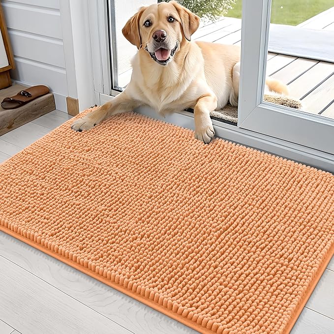 OLANLY Dog Door Mat for Muddy Paws 35x24, Absorbs Moisture and Dirt, Absorbent Non-Slip Washable Doormat, Quick Dry Chenille Mud Mat for Dogs, Entry Indoor Entryway Carpet for Inside Floor, Orange