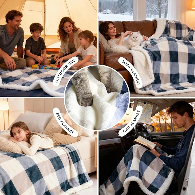 PU MEI Sherpa Fleece Throw Blanket 80" x 90" Full/Queen Reversible Plush Fluffy Extra Large Big Blanket Lattice Flannel Blankets for Sofa Couch Bed (Grey-Soft Blue, 80"*90")