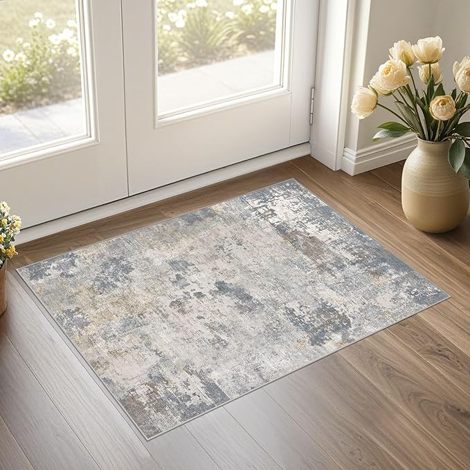 UERMEI 2x3 Entryway Area Rug: Washable Neutral Modern Abstract Small Rug - Non-Slip Low Pile Throw Indoor Carpet for Entrance Kitchen Front Door Mat Bathroom Entry Kids Room - Blue Grey