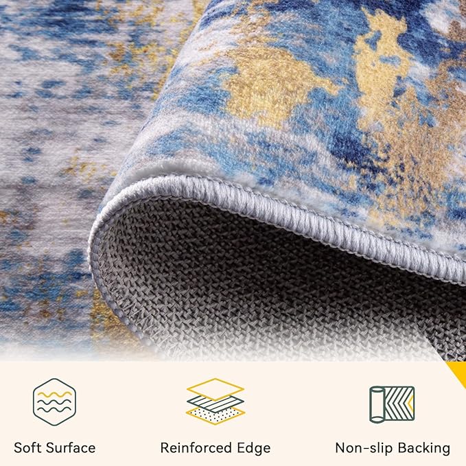 Washable Area Rugs 7x10 Non-Slip Modern Abstract Soft for Living Room Entryway Bedroom Nursery, Print Pattern, Grey Blue Gold/Golden