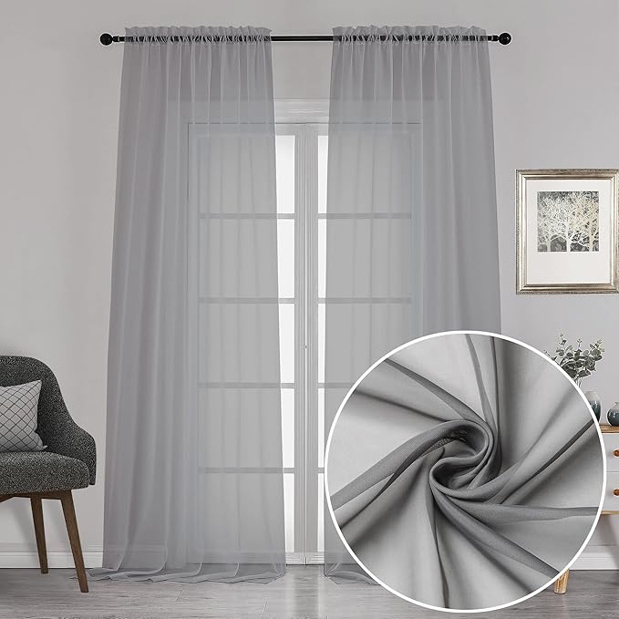 Chyhomenyc 120 Inch Long Sheer Curtains for Bedroom, Semi Sheer Privacy Curtains & Drapes Texture Sunlight Filtering for Hallway Window Guest Room Country House, 42x120 Inches, 2 Panel, Charcoal Grey