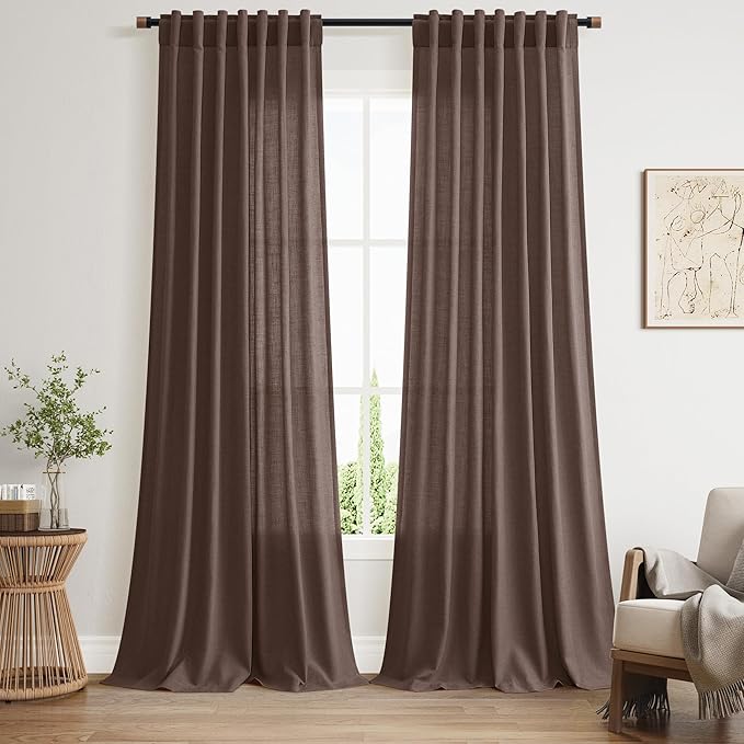 Cappuccino Curtains 108 Inches Long, Back Tab Linen Blend Light Filtering Semi Sheer Privacy Drapes for Living Room & Bedroom, 52x108 inch, 2 Panels