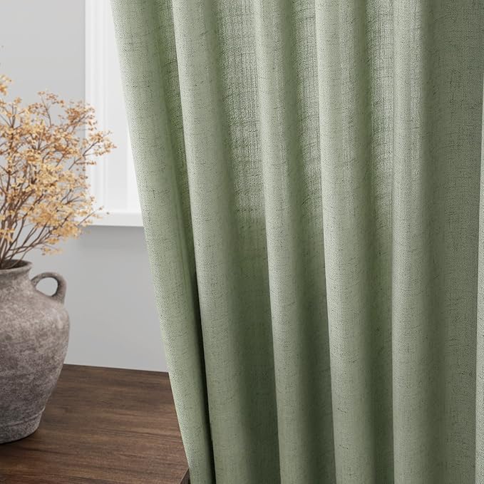 Nanspringt Light Sage Linen Semi Sheer Curtains 80 Inch Length for Living Room Lightweight Door Drapes 2 Panels Set for Bedroom Light Filtering Back Tab Rod Pocket Curtain Protect Privacy 52x80