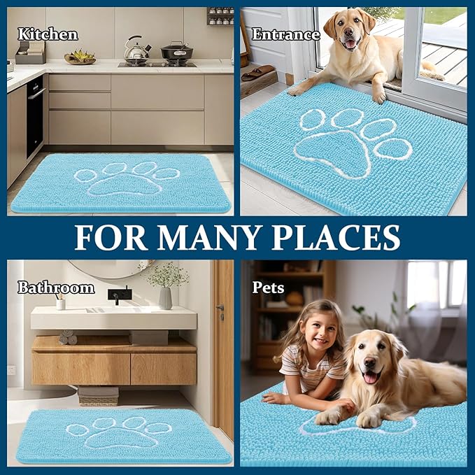 OLANLY Dog Door Mat for Muddy Paws 48x30, Paw Print Design, Absorbs Moisture and Dirt, Absorbent Non-Slip Washable Doormat, Quick Dry Chenille Mud Mat for Dogs, Entry Indoor Entryway Carpet, Blue