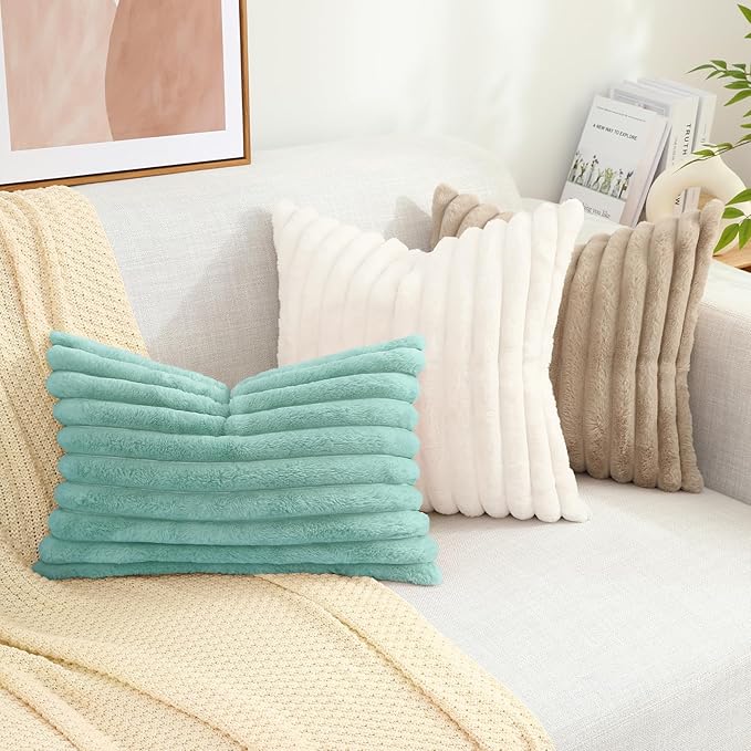 decorUhome Summer Cozy Faux Fur Throw Pillow Covers 12x20 Set of 2 Decorative Soft Plush Striped Lumbar Modern Farmhouse Boho Couch Pillow Cases with Velvet Back for Sofa Bed Living Room, Aqua