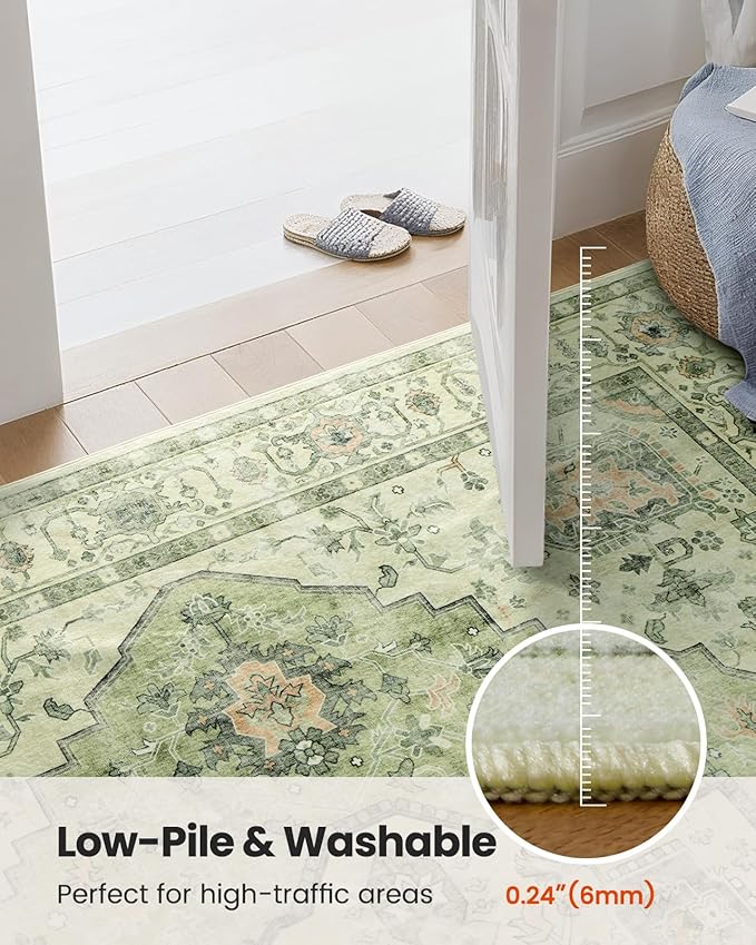 AMADA HOMEFURNISHING 8x10 Area Rug, Washable Low-Profile Large Area Rug with Non-Slip Backing & Durable Edge Binding, Vintage Large Rugs for Living Room, Bedroom