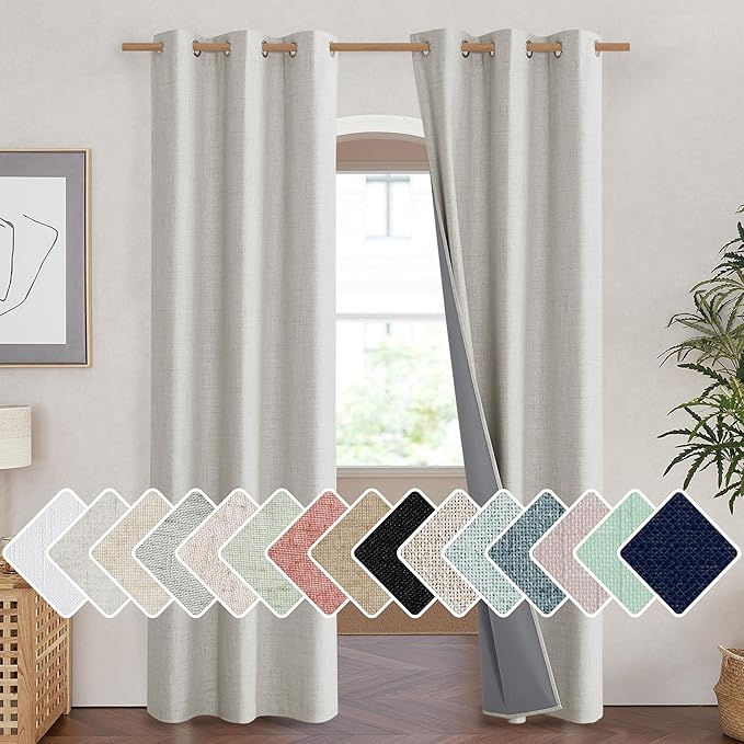NICETOWN Snowbound Vintage Linen 100% Blackout Curtains for Living Room, Thermal Insulated Curtains 84" Long, Noise Reducing Window Treatment Drapes for Hall Room, 42" Wide Per Panel, Set of 2